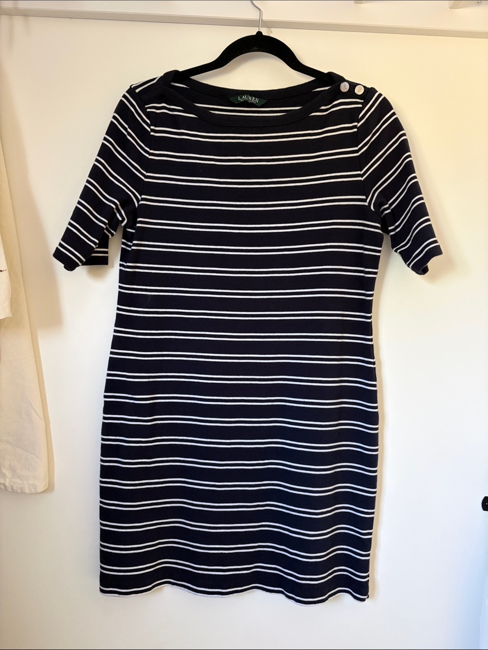 Lauren Ralph Lauren || Navy Striped Boatneck Dress with Shoulder Buttons